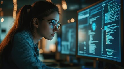 Focused programmer analyzing complex code in a modern tech environment