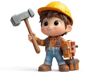 Wall Mural - Cute Cartoon Construction Worker with Tools