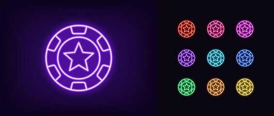 Outline neon star chip, icon set. Glowing neon poker chip with star icon, casino club. Poker game, gamble sport, casino token win, gaming chip, gambling roulette game, money reward. Vector icons