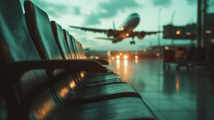 A departing aircraft highlighted against a dynamic sky is juxtaposed with a series of airport seats, illustrating the energy and thrill of travel at nightfall.