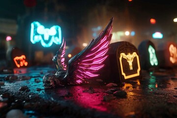 Cyberpunk angel statue in a neon-lit cemetery, with glowing wings and bright, digital tombstones casting colorful shadows