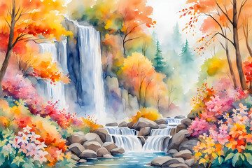 Watercolor painting of  beautiful waterfall in autumn forest by colorful flowers.