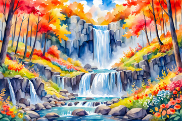 Watercolor painting of  beautiful waterfall in autumn forest by colorful flowers.