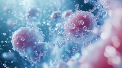 a highly detailed, close-up 3d rendering of biological cells immersed in a fluid environment, repres