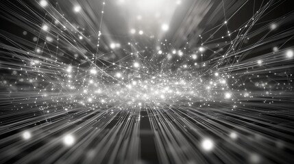Poster - A futuristic 3D render of an abstract digital network with glowing dots and light rays against a black backdrop. The scene showcases a complex, high-tech structure of geometric grids and white data fl