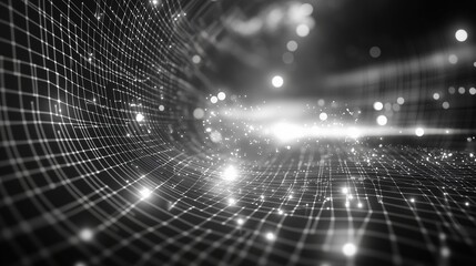 Poster - A futuristic 3D render of an abstract digital network with glowing dots and light rays against a black backdrop. The scene showcases a complex, high-tech structure of geometric grids and white data fl