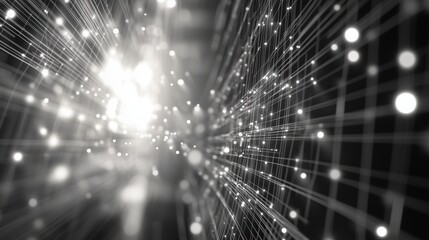 Poster - A futuristic 3D render of an abstract digital network with glowing dots and light rays against a black backdrop. The scene showcases a complex, high-tech structure of geometric grids and white data fl