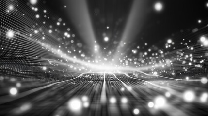 Poster - A futuristic 3D render of an abstract digital network with glowing dots and light rays against a black backdrop. The scene showcases a complex, high-tech structure of geometric grids and white data fl