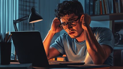 Wall Mural - a young man with glasses looks frustrated while working on a laptop in a home office, depicting work