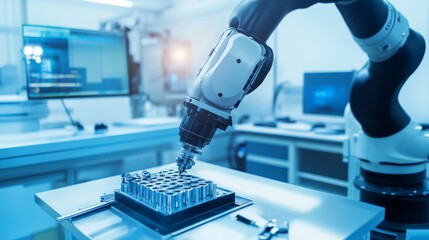 Leinwandbilder - An advanced robotic arm assembling delicate optical components in a clean optics lab, precise and high-tech environment with a focus on optical engineering, Precision style