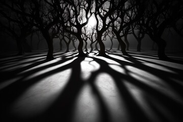 Wall Mural - Gothic November forest, with long shadows cast by twisted trees and a full moon illuminating the fallen leaves in an eerie light