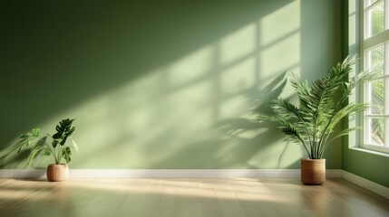 A vibrant green-walled room filled with natural daylight accompanied by two lush potted plants, enhancing the tranquil atmosphere within this modern indoor setting.