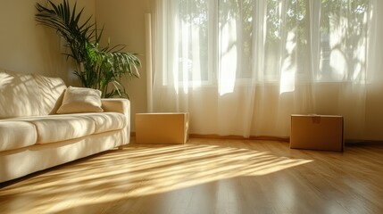 A bright and minimalist living room interior featuring a cozy sofa, sunlight streaming in, and two cardboard boxes indicating a move or new beginning.