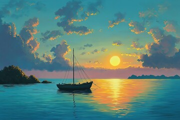 Canvas Print - a painting of a sailboat in the ocean at sunset