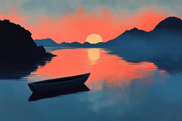 Poster - a painting of a boat in the water at sunset