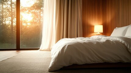 A cozy bedroom bathed in the warm glow of sunset light, with an open window view of woodlands outside, creating a peaceful and serene ambiance within the room.