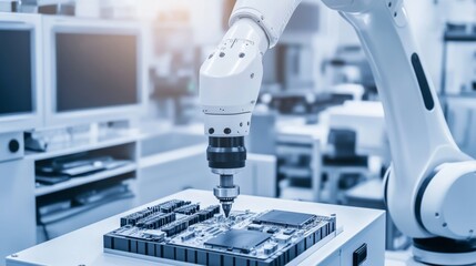 Leinwandbilder - An advanced robotic system performing automated quality inspection of high-end electronics in a clean manufacturing facility, modern and precise environment with a focus on electronics quality control
