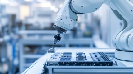 Leinwandbilder - An advanced robotic system performing automated quality inspection of high-end electronics in a clean manufacturing facility, modern and precise environment with a focus on electronics quality control