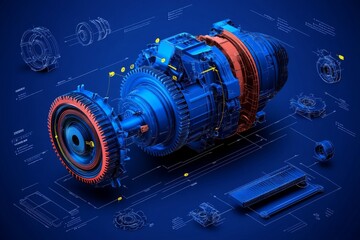 Fototapete - Minimalist blueprint of a machine gear, with clean lines and simple shapes, symbolizing the precision of mechanical engineering