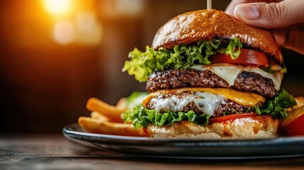 A perfectly stacked cheeseburger featuring melted cheese, crisp lettuce, juicy tomatoes, and a hearty beef patty, ideal for a fulfilling and enjoyable dining experience.