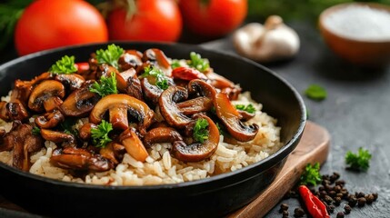 A savory bowl of rice topped with sautéed mushrooms and garnished with fresh parsley, creating a mouthwatering and visually appealing dish that tempts the appetite.