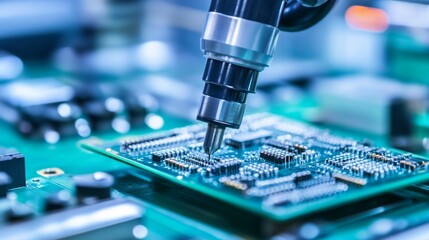 Leinwandbilder - An advanced robotic system performing precision soldering in a clean electronics workshop, high-tech and meticulous environment with a focus on electronics fabrication, Technical style