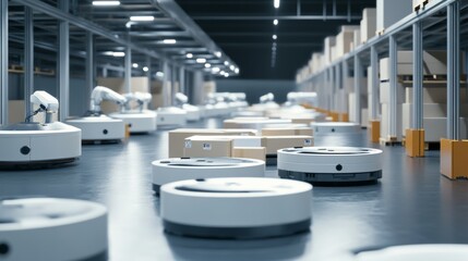 Leinwandbilder - An advanced robotic warehouse system with automated robots handling packages, clean and organized logistics environment with a focus on efficiency, Logistic style