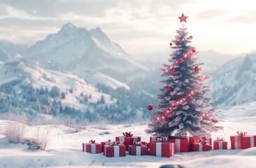 A Christmas tree stands in a snow-covered field, surrounded by red and white gift boxes a snowy mountain landscape provides a picturesque setting for this festive scene Generative AI