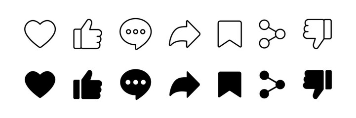 Social media interface icon set in line and fill style. like, message, unlike, share  and save flat simple black symbol sign for apps and web, editable vector illustration.