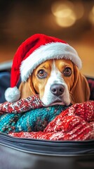 Adorable beagle puppy wearing a Santa hat, nestled in colorful Christmas blankets, gazes with soulful eyes. Festive holiday portrait captures canine charm.