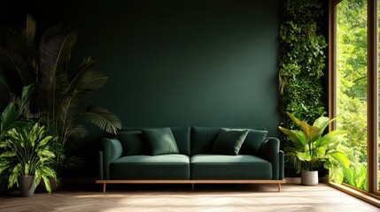 A sleek, modern green sofa surrounded by lush indoor plants and bright natural light filling the stylish living room for a fresh, natural ambiance and relaxation.