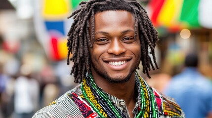 Smiling man with dreadlocks wearing colorful traditional attire outside in a market