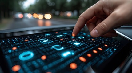 Futuristic touch screen interface with hand interacting in a modern car