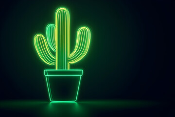 Glowing green neon wireframe of a saguaro cactus in a pot icon with neon outlines isolated on black background.