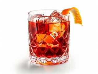 A negroni in a rocks glass with an orange peel on a white background