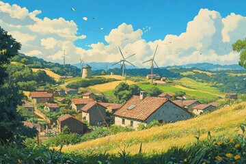 Sticker - a painting of a village with windmills in the background