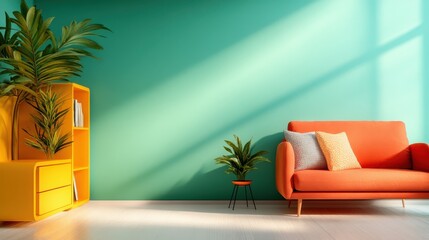 A modern and stylish living room is filled with an orange sofa and complemented by green walls, evoking a sense of comfort and contemporary aesthetic.