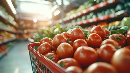 A shopping cart brimming with vibrant, ripe red tomatoes is spotlighted in a sunlit grocery aisle, promising delicious flavors for everyday cooking.