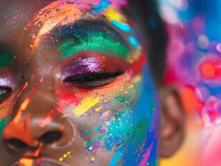 Close-up of a LGBTQ person with a background of rainbow stripes, celebrating pride and identity