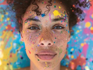 Close-up of a LGBTQ person with a background of rainbow stripes, celebrating pride and identity