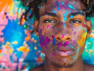 Close-up of a LGBTQ person with a background of rainbow stripes, celebrating pride and identity