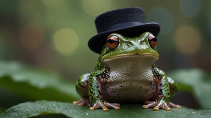 A green frog wearing a small black top hat sits on a large green leaf, looking directly at the camera with a serious expression.