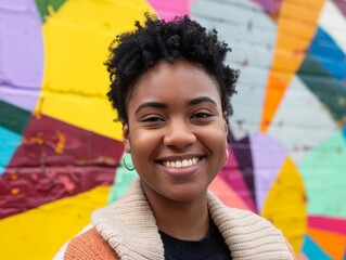 Close-up of a LGBTQ person with a background of rainbow stripes, celebrating pride and identity