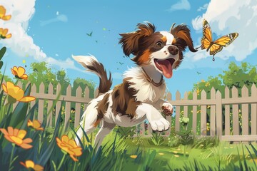 Carefree Puppy Adventure: Playful Day in a Sunny Backyard Amidst Butterflies