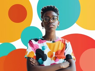 LGBTQ individual in a casual outfit, with a background of colorful geometric shapes, exuding positivity