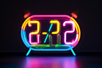 Vibrant neon silhouette of a digital alarm clock isotated on black background.