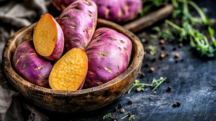 Fresh sweet potatoes displayed in a rustic bowl against a dark backdrop, highlighting their vibrant colors and textures.