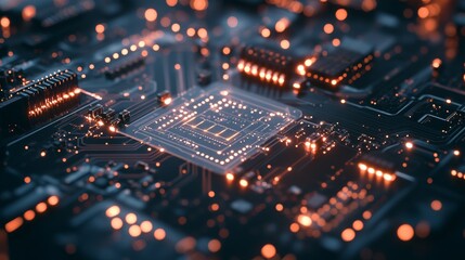Poster - An intricate circuit board with glowing components, close-up view with illuminated parts, Tech-inspired style