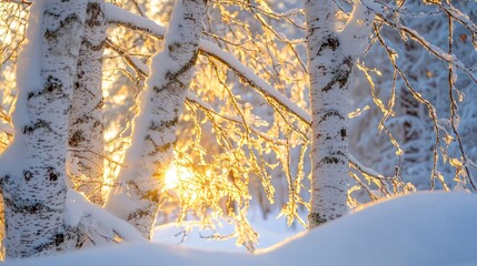 Snow-covered birch tree branches illuminated by the low winter sun, creating a picturesque winter forest scene