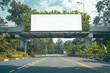 © SuriyaPhoto - hyper realistic photo of  Horizontal blank advertising poster billboard banner mockup on overhead bridge, on main road; plants and tress in background; for OOH out of home media